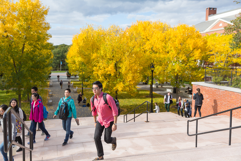 Student walking up Bentley staircase