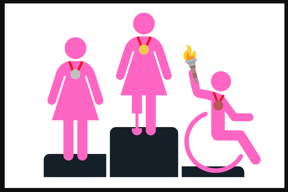 Illustration featuring three pink female stick figures — one with a prosthetic limb and one sitting in a wheelchair and holding an Olympic torch — receiving gold, silver and bronze medals atop a tiered podium.