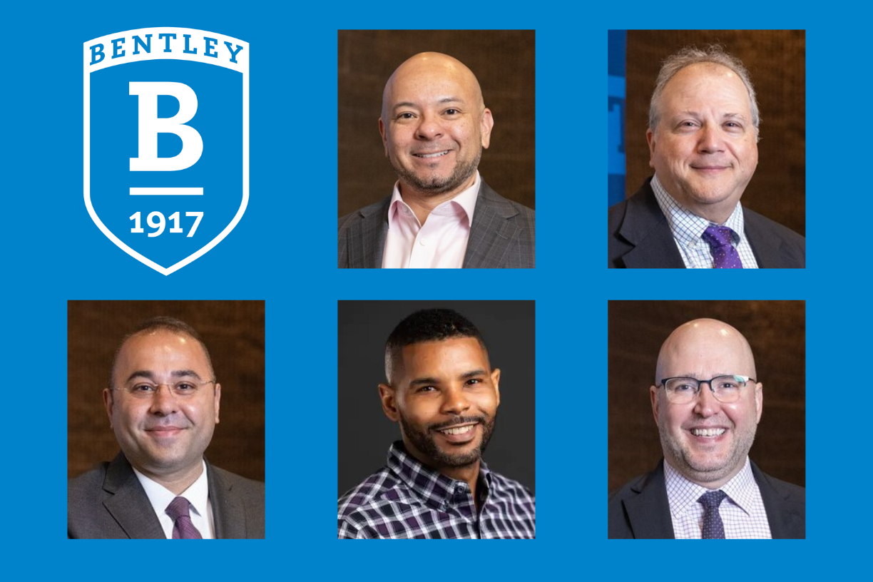 Photo collage featuring headshots of the five inaugural faculty fellows alongside a white Bentley shield logo on a blue background 