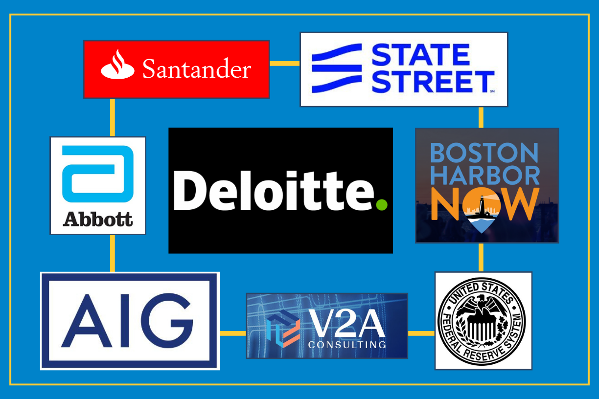 Photo illustration featuring corporate logos from the 8 organizations featured in this story: Santander, State Street, Abbott, Deloitte, Boston Harbor Now, AIG, V2A Consulting and the U.S. Federal Reserve System.