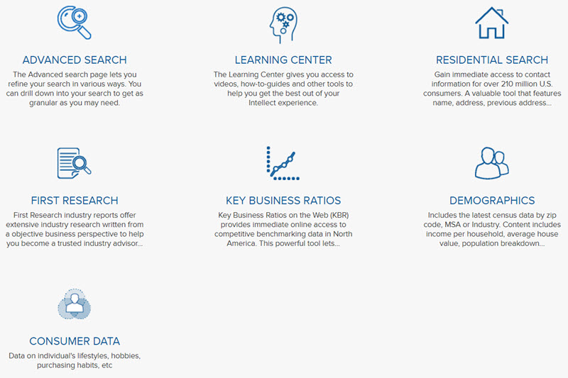 Other searches available in Mergent: Advanced Search, Residential Search, First Research Industry, Demographics, Consdumer Data, Learning (Help) Center and Key Business Ratios.