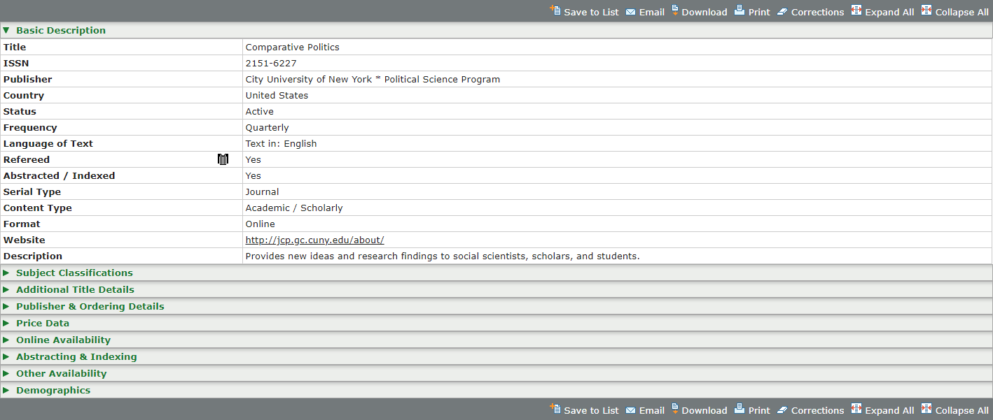 Screenshot of Comparative Politics entry in Ulrichsweb