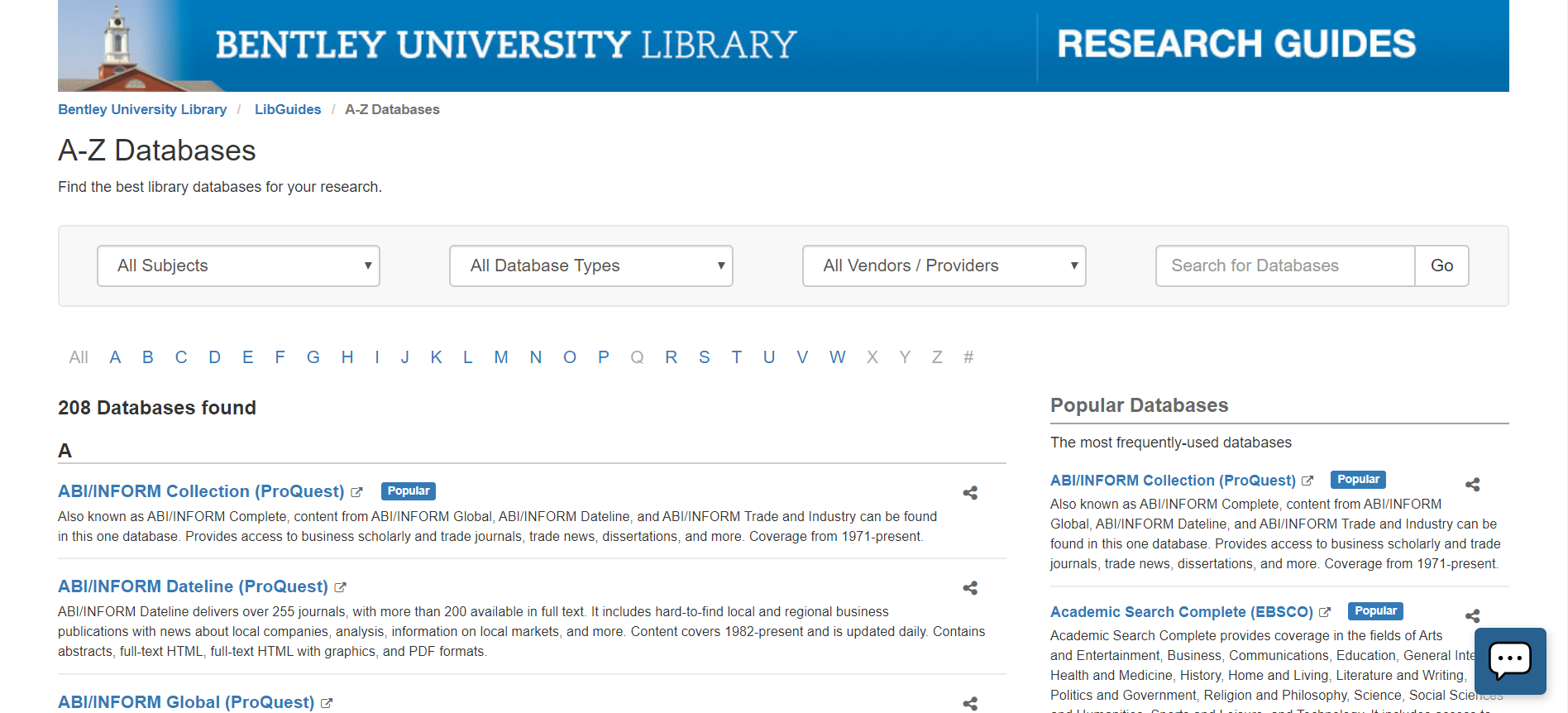 Screenshot of Databases A-Z page.