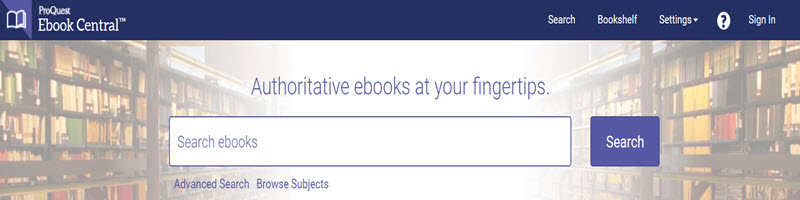 ProQuest Ebook Central homepage screenshot including main search box.