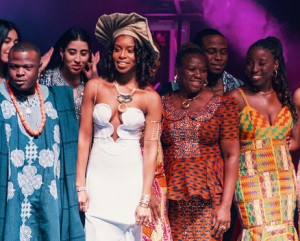 A group of students on stage at the Africana Student Association gala.