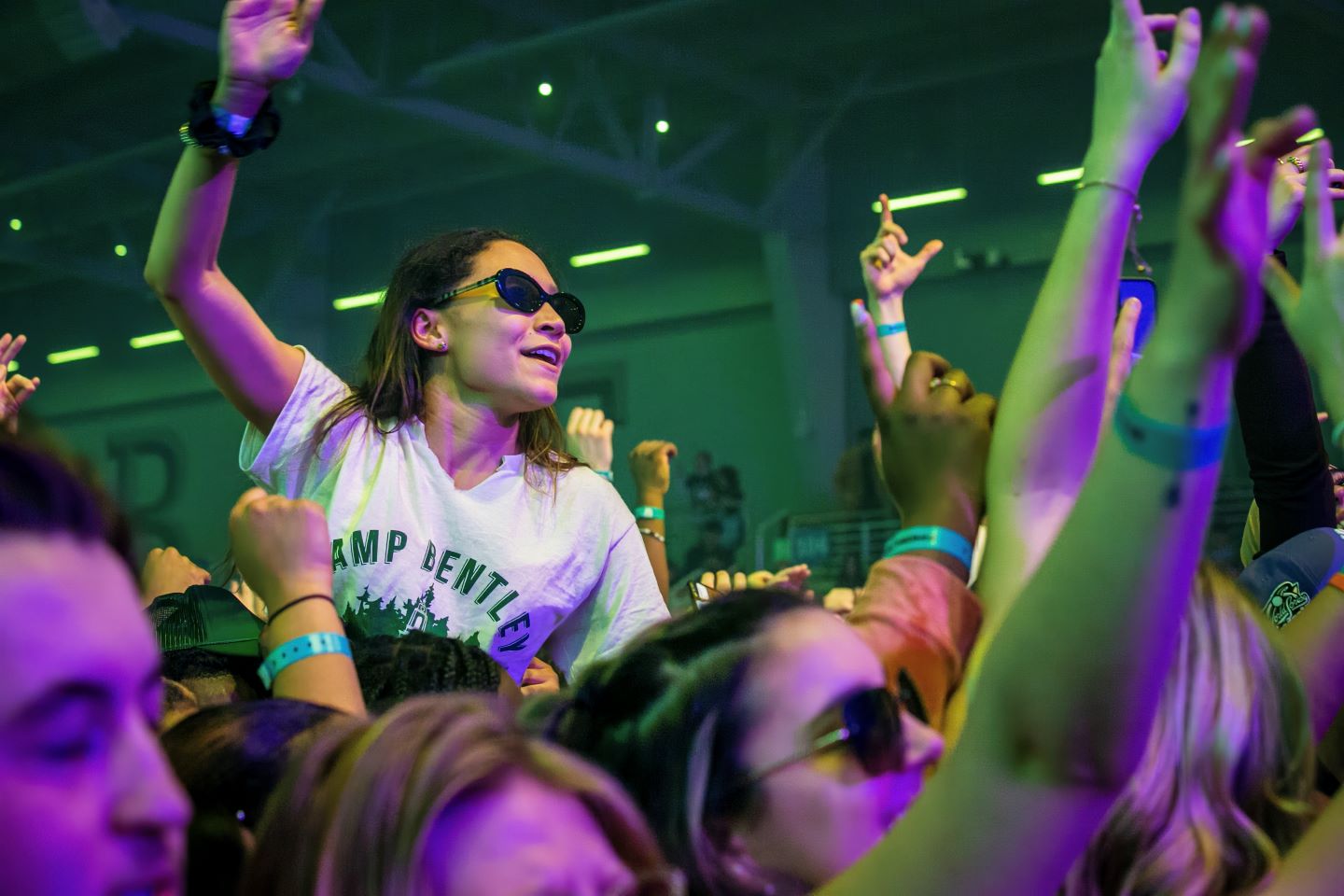 Student on another students shoulder at concert