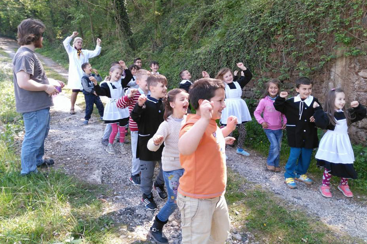 Michael and children walking