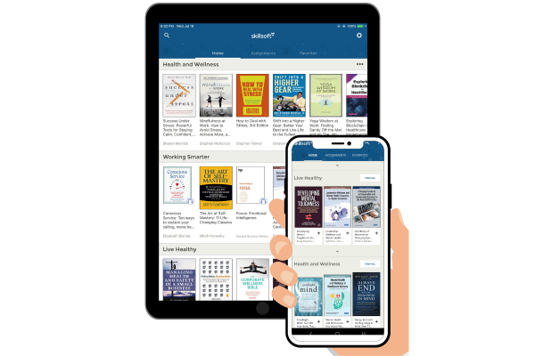 Skillsoft learning app displayed on tablet and smartphone