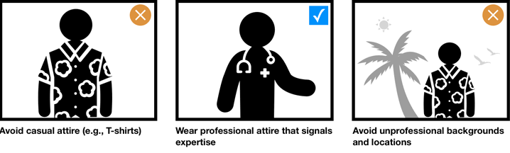 Avoid casual attire (e.g., T-shirts); Wear professional attire that signals expertise; Avoid unprofessional backgrounds and locations