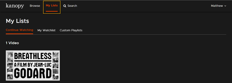 My Lists section on Kanopy website