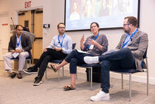 Panel discussion with Bentley professors Rahul Divekar (Experience Design), Ahmad Aljanaideh (Computer Information Systems) and Melissa Hey (Natural & Applied Sciences), and Steven Randazzo, chief innovation officer at Altruistic AI