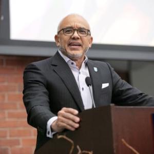 Bentley University President E. LaBrent Chrite address the crowd at the MLK Celebration