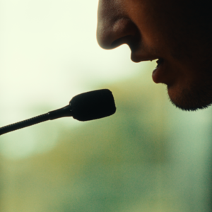 Closeup of Julio Mejia ’27 speaking into a microphone