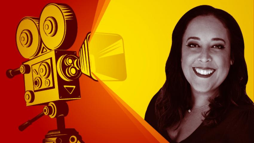 Illustration of a movie camera and Bentley alumna Kristin Nava 