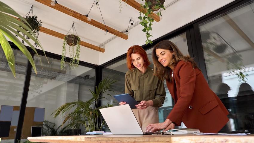 Two happy business women of young and middle age talking working in green office. Smiling professional ladies entrepreneurs partners using laptop and tablet technology devices standing at work table.