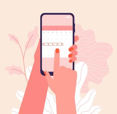 Illustration of a woman's hands holding a smartphone and entering data into a menstrual tracking app.