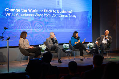 Panelists Lisa Murray of Citizens Massachusetts; Bill Pappas of MetLife; Pallavi Verma of Accenture with Bentley President E. LaBrent Chrite at a Bentley-Gallup event in Boston