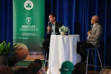 Brad Stevens, president of basketball operations at the Boston Celtics, in his sit-down conversation with Bentley University President E. LaBrent Chrite